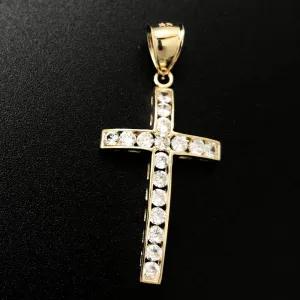 Domed Channel Tennis Cross CZ 10K Yellow Gold Pendant