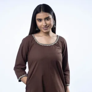 Hand Embroidered Brown Cotton Long Kurta